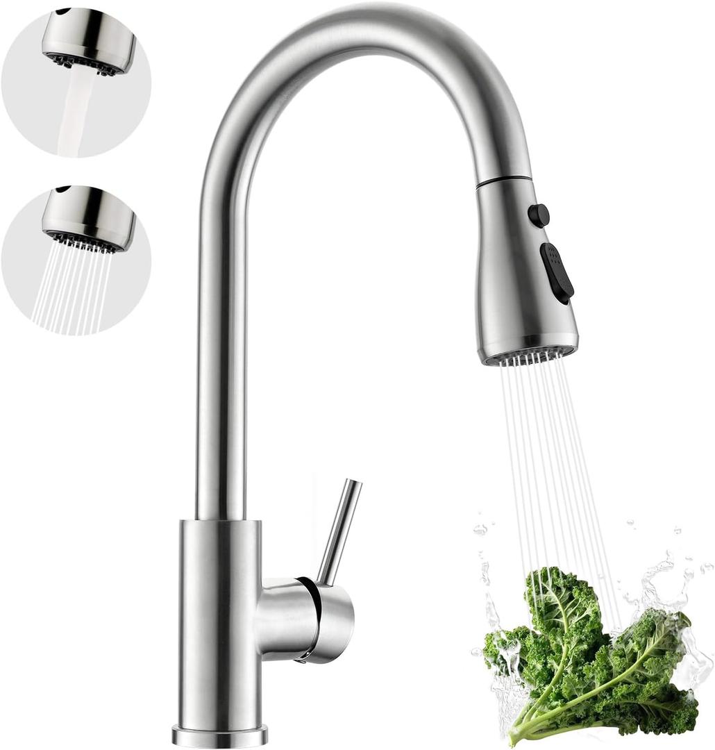 Kicimpro Kitchen Faucet with Pull Down Sprayer, Zero Leakage 3 Hole Brushed Nickel RV Kitchen Sink Faucet with Water Line, NSF Certified Lead-Free 304 Stainless Steel Touchless Kitchen Sink Faucets