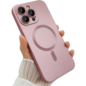 Magnetic for iPhone 15 Pro Max Phone Case for Women, Matte Luxury Soft Metallic Luster Design with Camera Lens Protector, Compatible with Magsafe Case for iPhone 15 Pro Max 6.7"-Pink