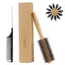 Vista Round Brush Bamboo with Pin Tail Comb Natural Boar Bristle Hair Brush Round for Blow Drying for Women Hairbrush for Wet or Dry Hair Detangling Smoothing Massaging