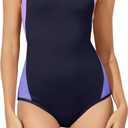 Beautikini Period Swimwear One Piece Leakproof Menstrual Swimsuit Racerback Color Block Bathing Suit for Teen Girls Women (Small, Naval Academy/Purple)