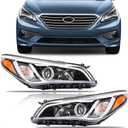 Headlight Assembly for 2015 2016 2017 Hyundai Sonata, Passenger & Driver Side Halogen Headlamp with Clear Lens Black Housing Amber Reflector (All Bulbs Included), 1 Piar, 92102-C2000 HY2503183