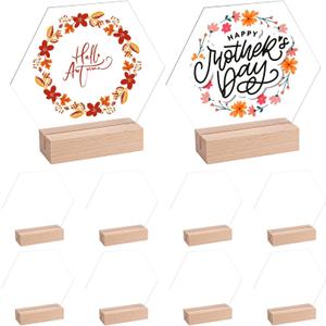 Framendino, 10 Pack Hexagon Acrylic Table Sign with Wood Stand DIY Wedding Signs Blank Holder Numbers Base for Party Decor