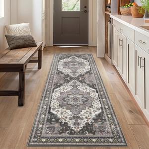 Runner Rugs for Hallway 2x6 Machine Washable Runners, Boho Vintage Retro Floral Medallion Runners for Kitchen Entryway Bathroom, Low Pile Lightweight Thin Chenille Non Slip Runner RugDark Grey (2' x 6' (Runner), Area Dark Grey)
