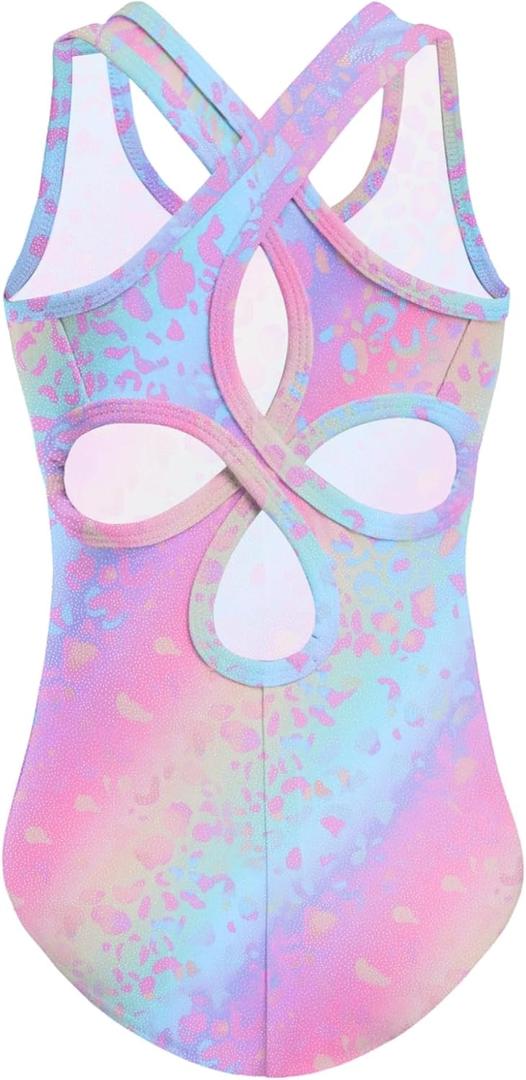 Zaclotre Ballet Leotards for Girls Hollow Back Sleeveless Dance Outfits Gymnastics Leotard Tank Bodysuit (12-13 Years, Rainbow Leopard)
