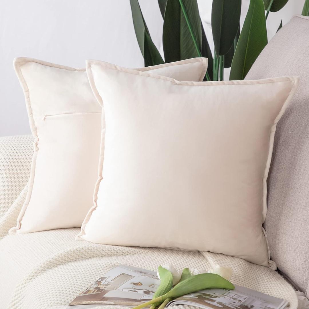 MADIZZ Set of 2 Super Soft Velvet Decorative Throw Pillow Covers 18x18 inch Beige Square with Fringe Luxury Style Cushion Case Pillow Shell for Sofa Bedroom