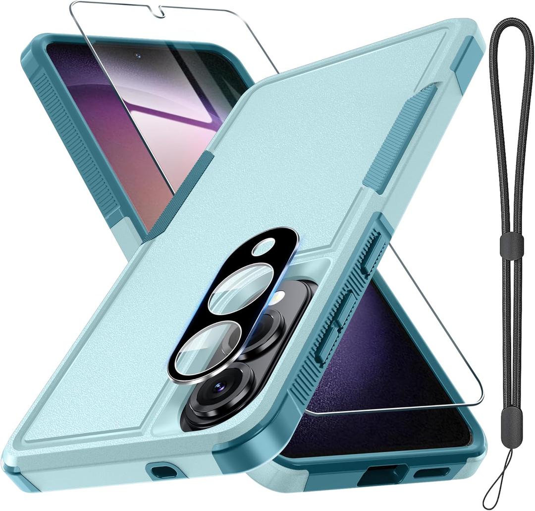 RMOCR Case for Samsung Galaxy S25 Edge, Full Body Heavy Duty Rugged Shockproof Protective Phone Cover with Lanyard Strap, Tempered Glass Screen Protector and Camera Lens Cover, Mint Green