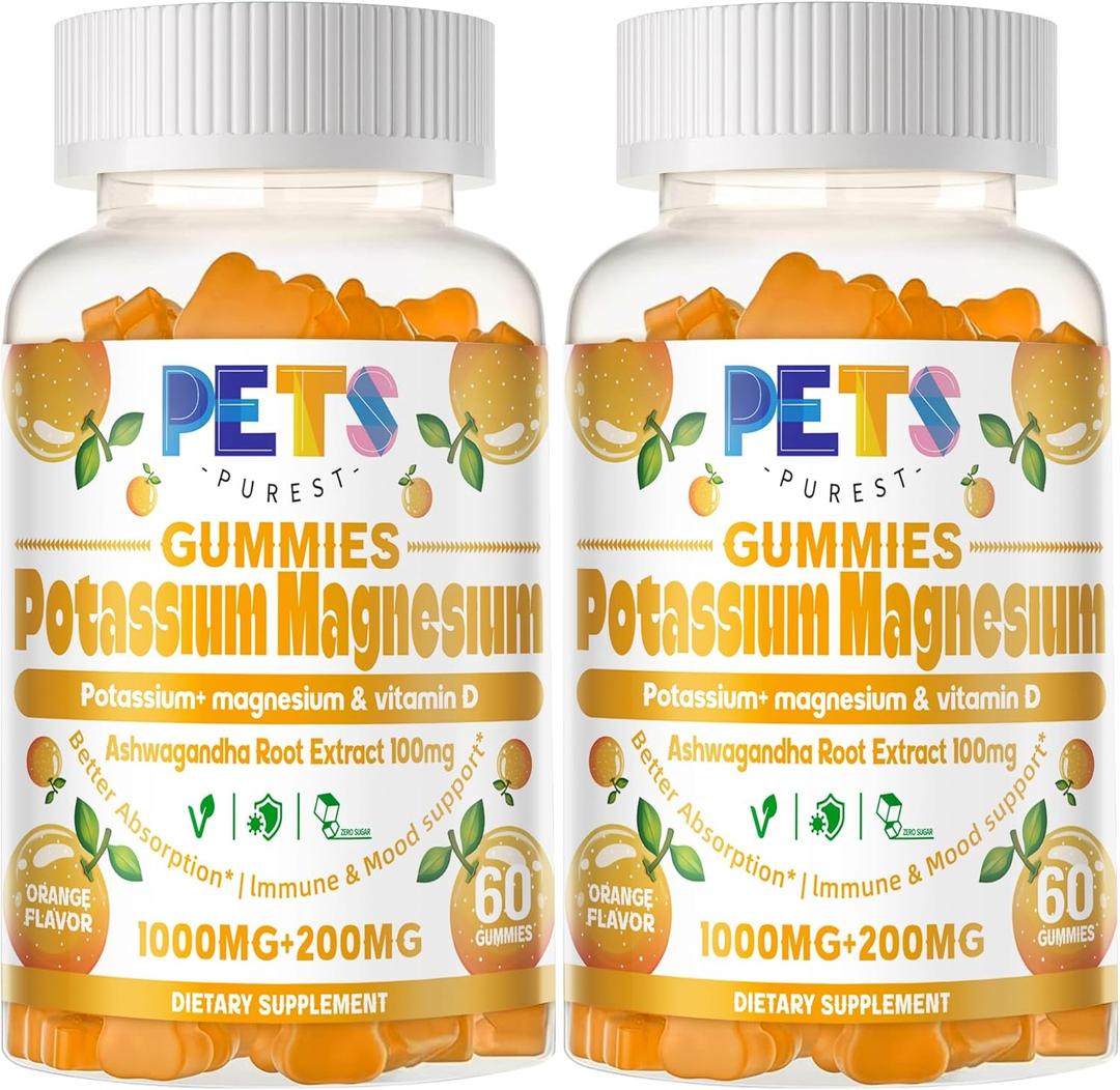 2 x Potassium Magnesium Gummies - High Absorption Magnesium Glycinate & Potassium Citrate Plus Omega 3, B6, D3, K2 & Calcium - Chewable Gummy for Leg Cramps, Immunity & Energy Orange 120 Gummies