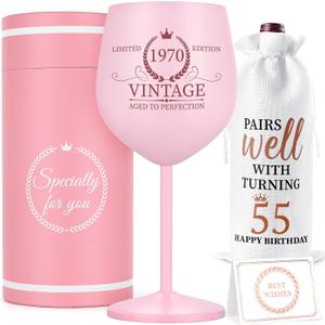Lifecapido 55th Birthday Gifts for Women, Vintage 1970 Stainless Steel Wine Glass with Wine Bag and Card, 55th Birthday Decorations for Women, 55 Year Old Birthday Gifts for Grandma Mom Friends Wife (Pink-55th)
