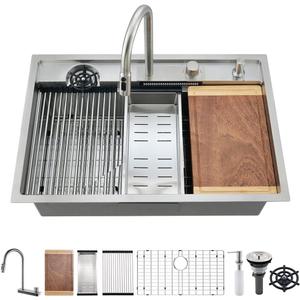 33 Inch Drop In Waterfall Kitchen Sink Workstation-VASOYO 33x22 Inch Drop In Kitchen Sink Stainless Steel 16 Guage Multifunction Single Bowl Deep Kitchens Sinks with Faucet and Cup Washer