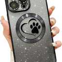 for iPhone 14 Pro Case Glitter Clear Paw Love Heart Compatible with MagSafe, Strong Magnetic Full Camera Lens Protection Soft Slim Thin Cute Bling Phone Case - Black