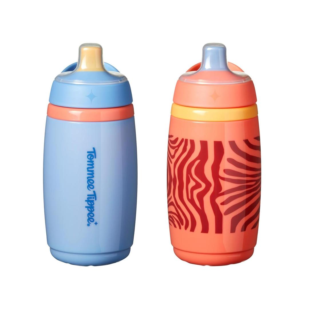 Tommee Tippee Active Spout Toddler Cups, 9 oz, Insulated Sippy Cups For Toddlers 1-3, Silicone Spout, Leak-Proof Valve and Handle, Orange and Blue, Pack of 2