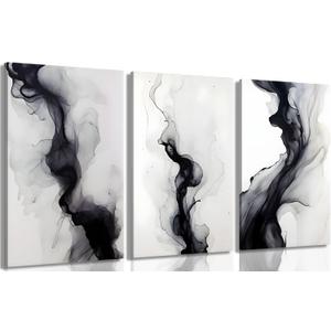 3Pcs Black And White Simple Abstract Canvas Wall Art Black and gray Minimalist Wall decor Pictures Smoke Shapes Painting Prints Modern Artwork for Home Room Bedroom office decoration ,16x24in Canvas
