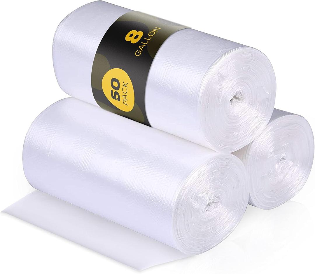 50 Small to Medium 7-8-9-10 Gallon 24" x 24" Clear Garbage Bags - Commercial Waste Basket Trash Bags | Bulk Plastic Bathroom Trash Can Liners | Office Shredder Bags