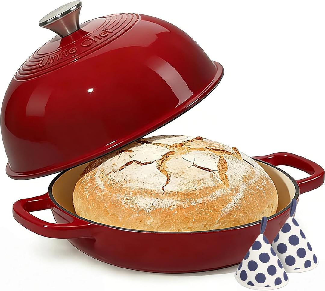 Enamelled Cast Iron Dutch Oven Pot  Dutch Oven Pot with Lid For Sourdough Bread Baking  Cast Iron Bread Oven  Red, Umite Chef 6QT Pot with Lid & Cotton Potholders