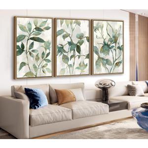 Large Framed Canvas Wall Art - Natural Float Framed Rustic Green Flowers Leaves Pictures Paintings White Grey Artwork Decor for Bedroom Living Room Kitchen Home Office Decoration 48" X 24" Set of 3