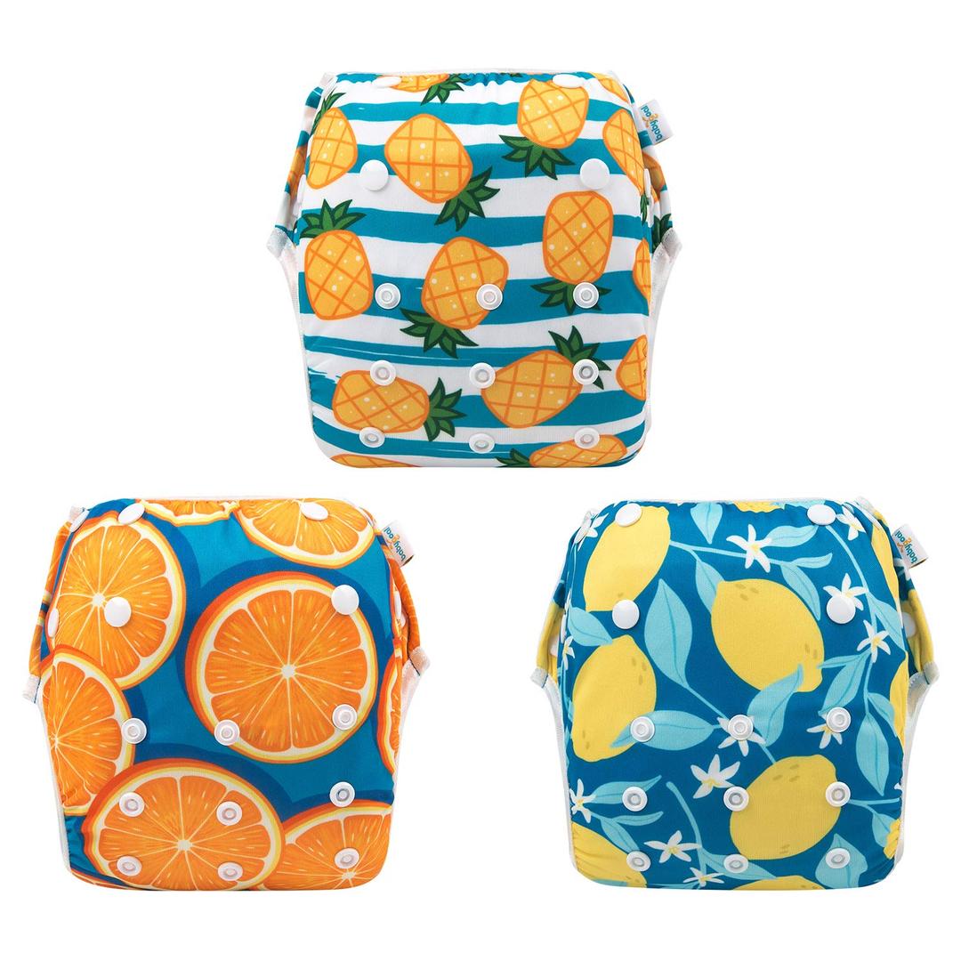 Babygoal Baby Swim Diapers 3 Pack for 0-8 Months Infant Girls and Boys, Reusable Adjustable Washable for Swimming Lessons-Pineapple,Lemon,Grapefruit (Small, Fruits)