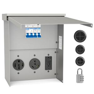 RV Electrical Outlet Panel, Weatherproof Temporary Power Outlet Panel - Prewired & Lockable 20, 30, 50 Amp Receptacle, Electrical Breaker Box Fit for RV Camper Travel Trailer Motorhome RV Electrical Outlet Panel, Weatherproof Temporary Power Outlet Panel - Prewired & Lockable 20, 30, 50 Amp Receptacle, Electrical Breaker Box Fit for RV Camper Travel Trailer Motorhome