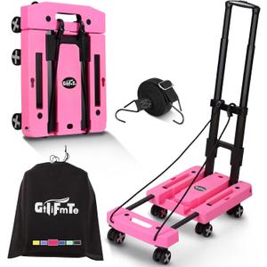 Folding Hand Truck Lightweight Hand Truck Dolly Foldable,Luggage cart with 6 Rotate Wheels, Utility Cart with Adjustable Handle,Collapsible Dolly for Moving (Pink)