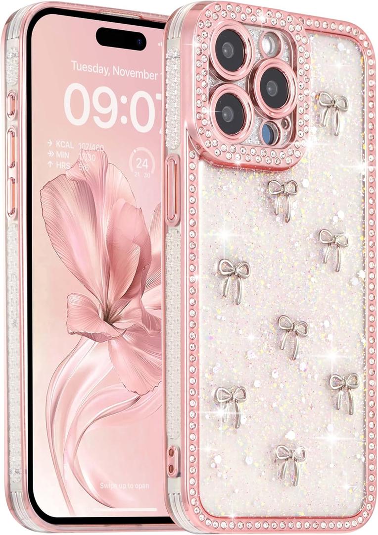 FABSPARK Case for iPhone 15 Pro Max,3D Silvery Ribbon Bow,Crystal Clear Glitter Diamond Rhinestone Sequin Shiny Sparkly Bling,Aesthetic Transparent Soft for iPhone 15 Pro Max Case - Pink/Silver Bow