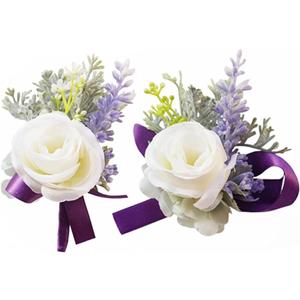 MAFELOE 2 Pieces of Wrist Corsage and Boutonniere Set, Artificial Flowers Accessories Suit Decor for Wedding Prom Party Homecoming Ceremony Anniversary - Purple+White