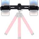 Dual Phone Holder Smartphone Tripod Mount Adapter, Universal 360 Rotation Adjustable Clip Stand for Vlog Live Streaming Video Recording, Compatible with 1/4'' Screws, Black