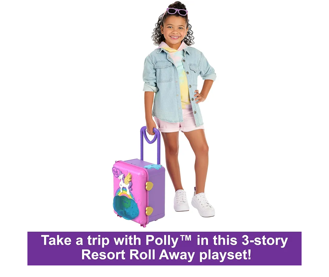 Polly Pocket Dolls, Playset and Travel Toys, 4 Dolls, 1 Vehicle, 25+ Accessories, Resort Roll Away
