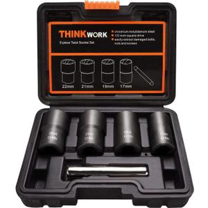 THINKWORK 1/2 Inch Drive Lug Nut Removal Tool, 5-Piece Wheel Lock Removal Kit, Lug Nut Remover for Stripped, Rounded, Damaged, Frozen, Rusted Bolts
