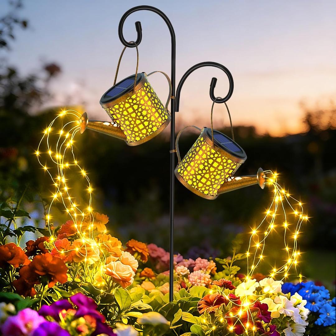 Solar Lights Outdoor Decorative, 2 Pack Metal Watering Can Lights Outdoor Waterproof, Small Patio Light Yard Lawn Pathway Decor, Gardening Gifts for Women Mom Grandma