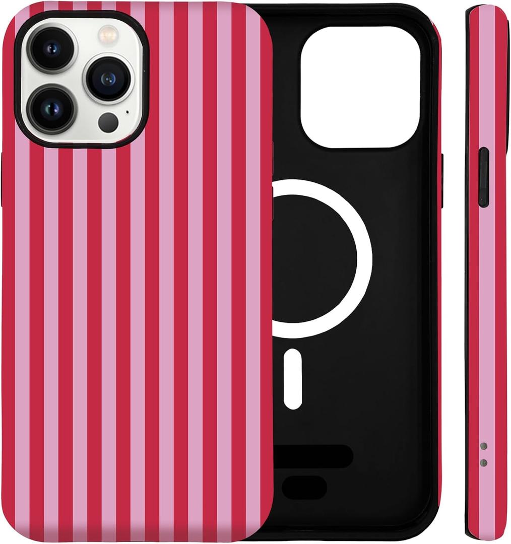 for iPhone 13 Pro Case Cute Striped Phone Case Compatible with MagSafe, Dual-Layer Shock Protection(Hard PC + Silicone) - Aesthetic Protective Phone Cover for Women Girl, Red and Pink