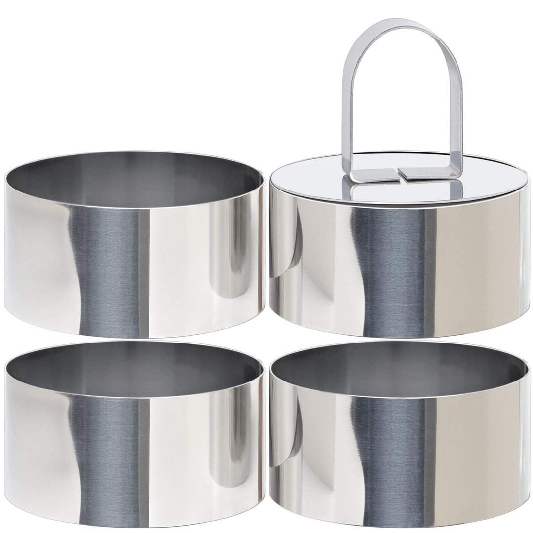 HULISEN Round Cake Ring Mold, Stainless Steel 3 Cooking Crumpet Rings with 1 Pusher & 4 Food Form, Tuna Tartare Mold for Pancake, Salad, Mousse