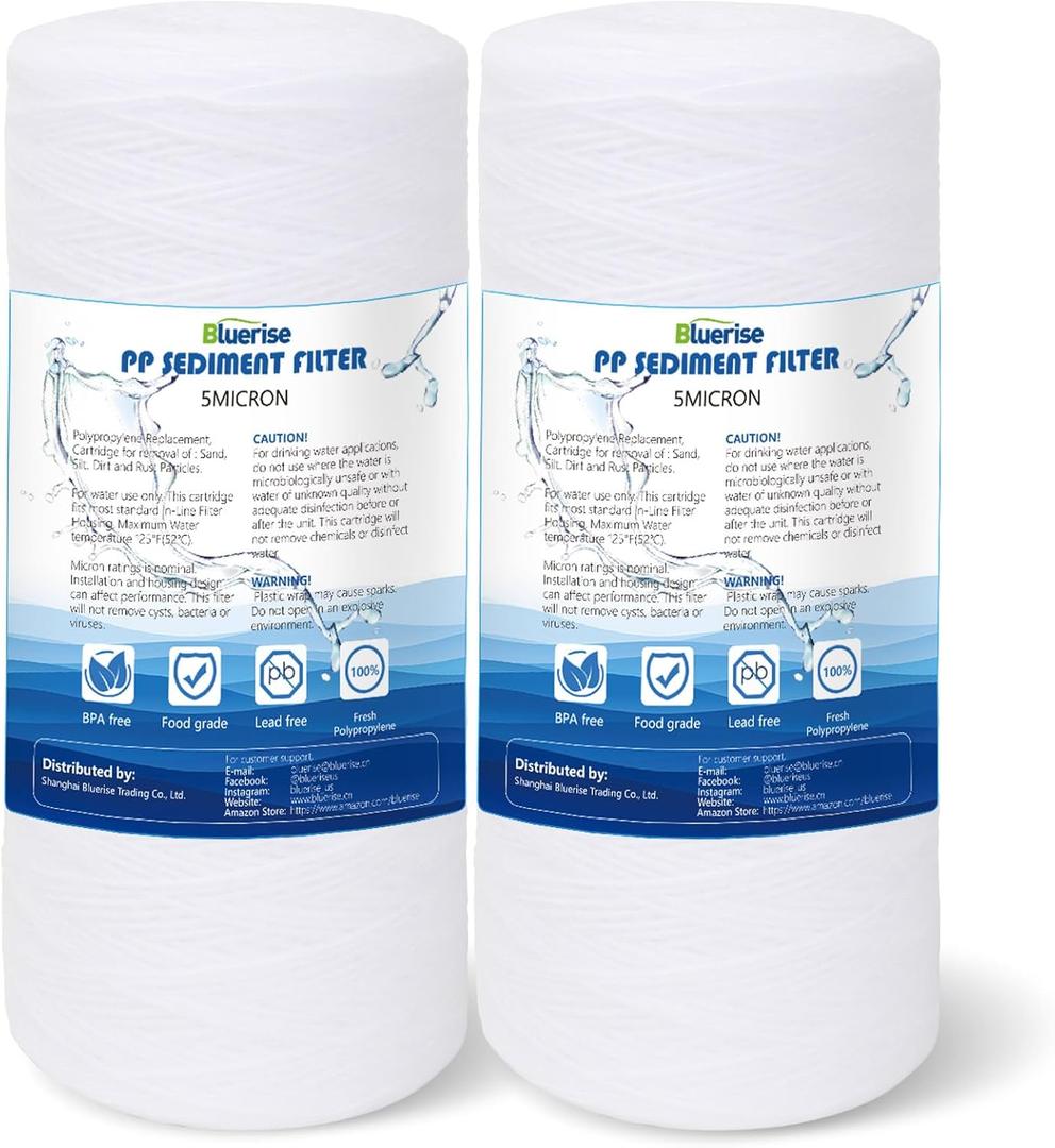BLUERISE 5 Micron 10" x 4.5" Wire Wound Whole House Water Filter Replacement Cartridge for Sediment, Reverse Osmosis RO Filtration System Cartridge Universal for Well Waterpack of 2