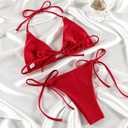 MIYOUJ Women Halter String Bikini Set Sexy Thong Cheeky Two Piece Swimsuits Solid Color Bathing Swimwear (Red, S)