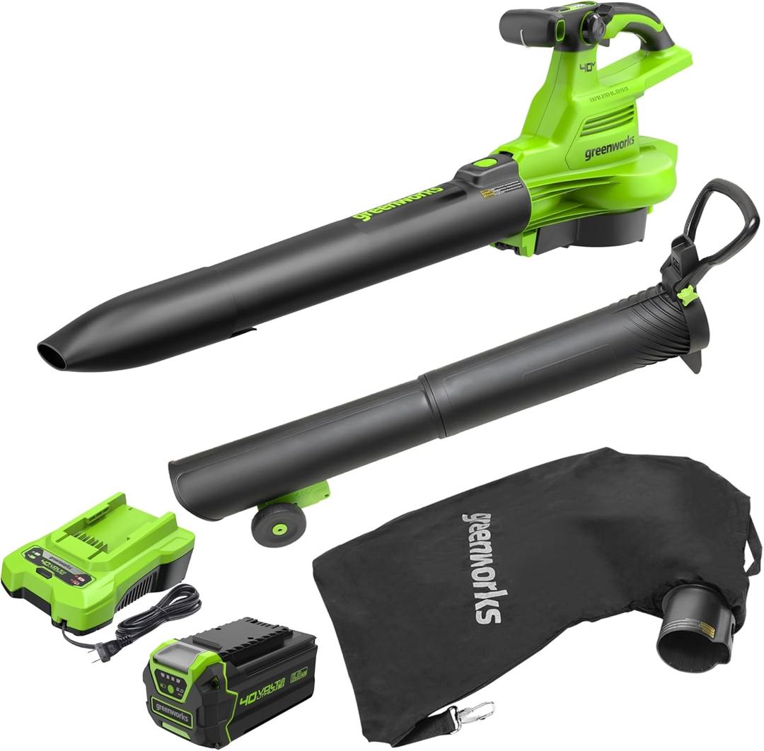 Greenworks 40V (230 MPH / 505 CFM) Cordless Brushless Leaf Blower/ Vacuum with Bag, High Power, Lightweight & Quiet for Yard Debris Cleanup, Includes 5.0Ah Battery & Charger