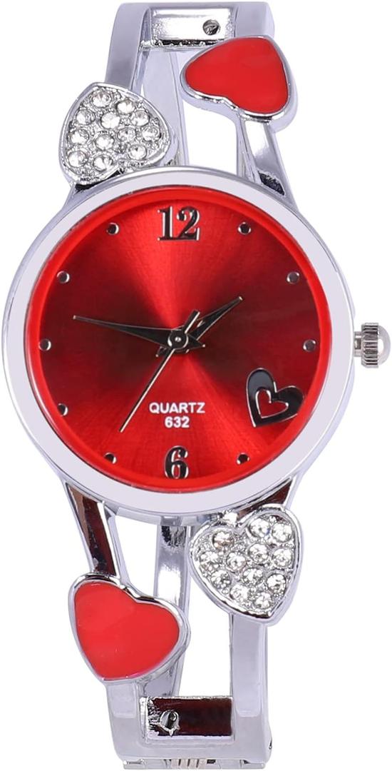 ELEOPTION Women Bangle Watch Bracelet Quartz with Rhinestone Round Dial Stainless Steel Band Cuff Watches with Womens Wrist Watch Box (Loving-Red)