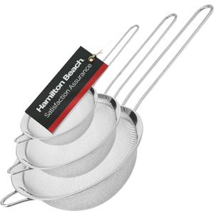 Hamilton Beach Fine Mesh Strainer - Stainless Steel Fine Mesh Sieve - Set of 3 Strainers for Baking, Pasta, Rice, Flour & Vegetable, Tea Sifter, Food Strainer with Long Handle - Perfect Kitchen Tool