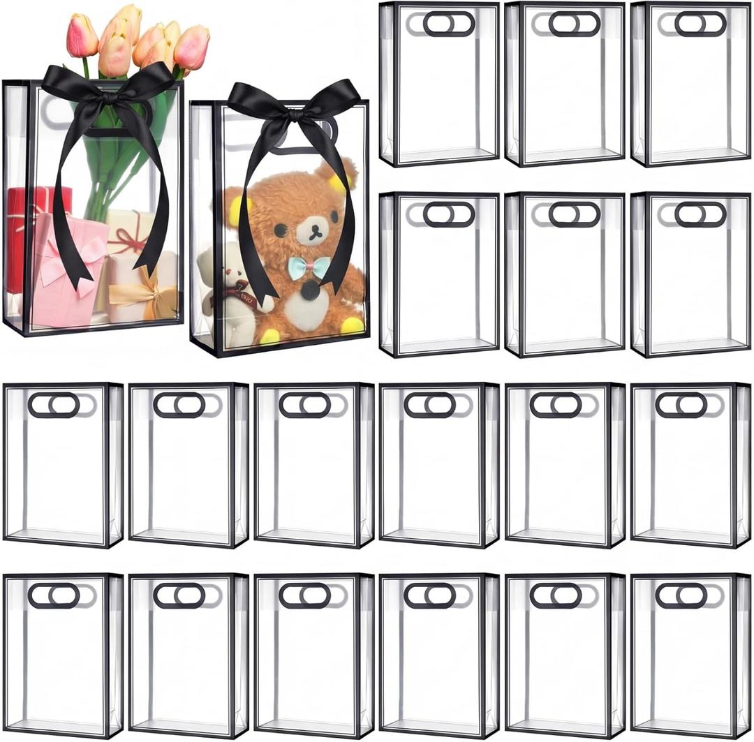 Dunzoom 20 Pcs Clear Plastic Gift Bag with Die Cut Handle Reusable PP Favor Bag for Wedding Bridal Birthday Baby Shower Graduation Mother's Day Party Supplies(10.2 x 7.1 x 3.2'',Black Trim)