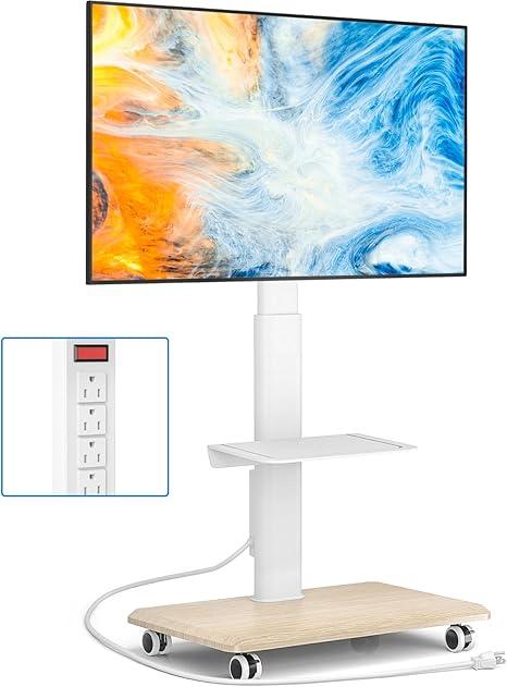 Rfiver Sleek Rolling TV Stand with Power Outlet for Home Decor, Height Adjustable Portable TV Stand on Wheels for 32-75 Inch TVs, Strong Tall Mobile TV Cart with Mount Up to 88 lbs, White