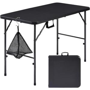 VECELO Folding Table 4 Foot with Mesh Bag, Indoor Outdoor Heavy-Duty Portable w/Handle, Fold-in-Half for Picnic, Party, Camping, Matte Black, 47.2 in Rectangular Folding Table