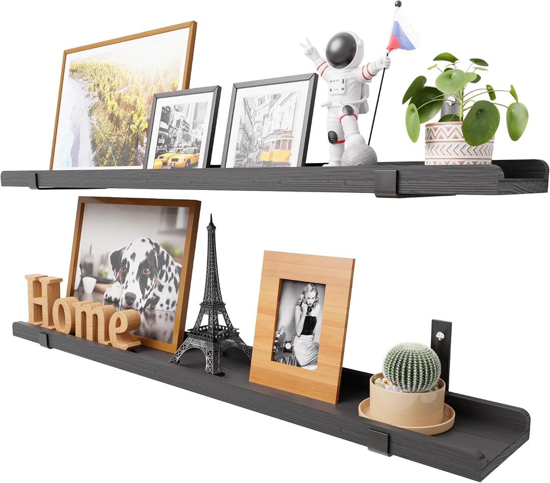 Natural Wood Floating Shelves with Lip, 40 Inch Long Black Floating Wall Shelves with Metal Bracket, Set of 2 Picture Ledge Shelf Wall Mounted Shelves for Living Room, Bedroom and Kitchen.