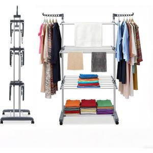 Foldable Clothes Drying Rack, 4 Tier Metal Clothes Rail with Wheels 7 Windproof Hooks Clothes Horses Rack Laundry Garment Dryer Stand with 2 Side Wings Indoor, Outdoor, Bedroom, Loft (Gray)