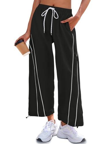 Fisoew Womens Baggy Wide Leg Pants Casual Elastic Waist Drawstring Hiking Workout Cropped Track Pants with Pockets Black, Size M