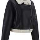 Faux Fur Leather Jacket Women Sherpa Lined Shearing Coat | thick sherpa fur lined,turn down collar,zip front,fur trim pockets,warm winter outerwear,women moto faux leather coat (Black, S)