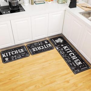 3 Pcs Kitchen Rug Set Non Skid Thick Black Kitchen Rugs and Mats Stain Resistant Anti Fatigue Mats for Microfiber Floor Non Slip Backing Mat, 15.7" x 47.2", 15.7" x 23.6"