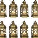 Mini Lantern with Flickering LED Candles for Halloween, LLQ (8Pack-5Inch) Vintage Decorative Candle Lanterns for Christmas Wedding Party Baby Shower Table Centerpiece, Xmas Tree Hanging Ornaments (Brushed Brass), 8 Pcs