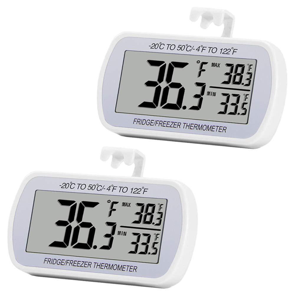 Digital Refrigerator Thermometer 2 Pack Fridge Freezer Room Thermometer Waterproof Large LCD Display Max/Min Record Function, White