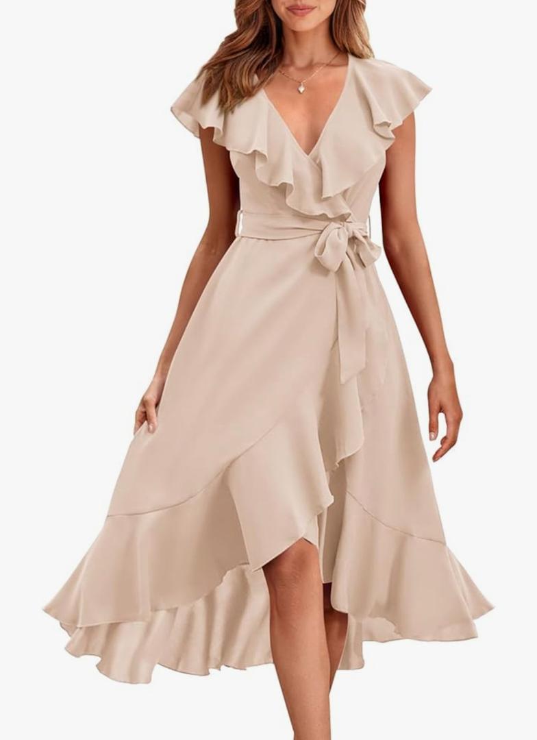 PRETTYGARDEN Women's 2025 Summer Cross Midi Dress Casual Boho Deep V Neck Short Sleeve Ruffle Hem Split Beach Long Dresses S