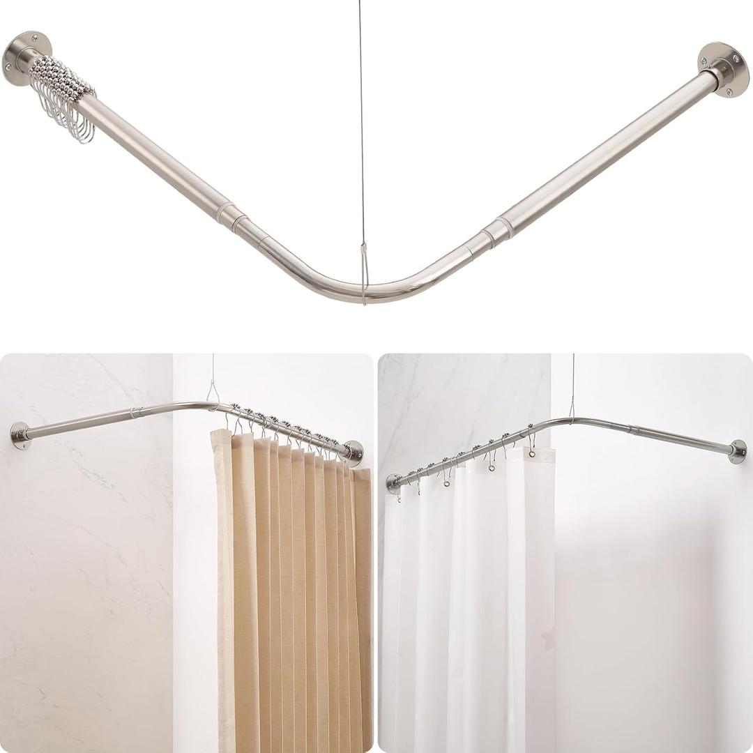 L Shaped Corner Shower Curtain Rod, Adjustable [24.3" - 47.6"] x [24.3" - 47.6"] 90 Degree Dual-Slide Shower Curtain Rod with 12 Hooks & Ceiling Support for Bathroom Bathtub - Brushed Nickel