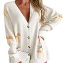 2 x Saodimallsu Womens Oversized Cardigan Sweaters Bow Printed Button V Neck Long Sleeve Loose Knit Fall Trendy Coats Khaki (Beige)