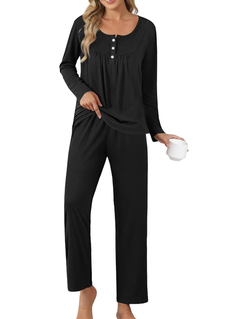 Ekouaer Pajamas for Women Set Long Sleeve Sleepwear Top & Pants Pjs Comfy 2 Piece Lounge Set with Pockets, Size L