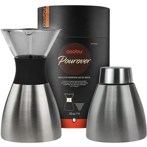 asobu Insulated Pour Over Coffee Maker (32 oz.) Double-Wall Vacuum, Stainless-Steel Filter and Take on the Go Carafe (Silver)